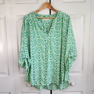 Kim Rogers Green Abstract Hi-Low Top PXL Roll Tab Western Tribal Boho Colorful